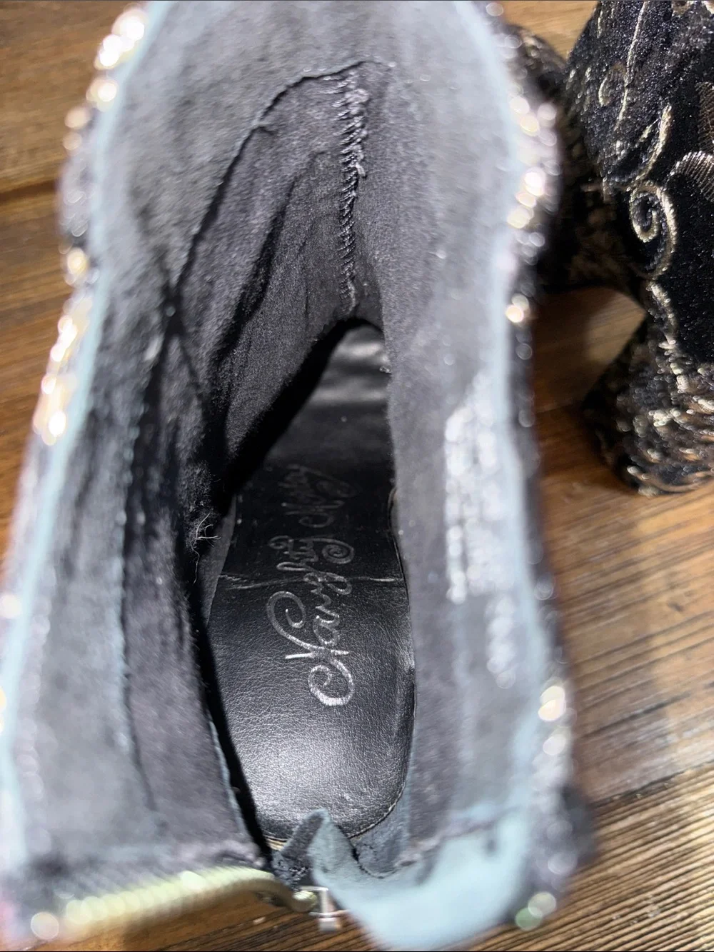 naughty monkey Black Velvet Embroidered Ankle Boots with Gold Sequin Detail